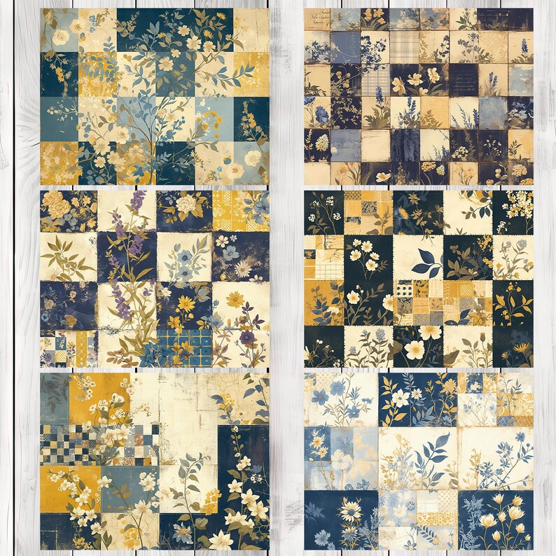 Indigo Mustard Patchwork - Journal Paper Set, Junk Journal Pages, Junk Journal Paper, Printable Journal, Scrapbook Paper, Digital Paper
