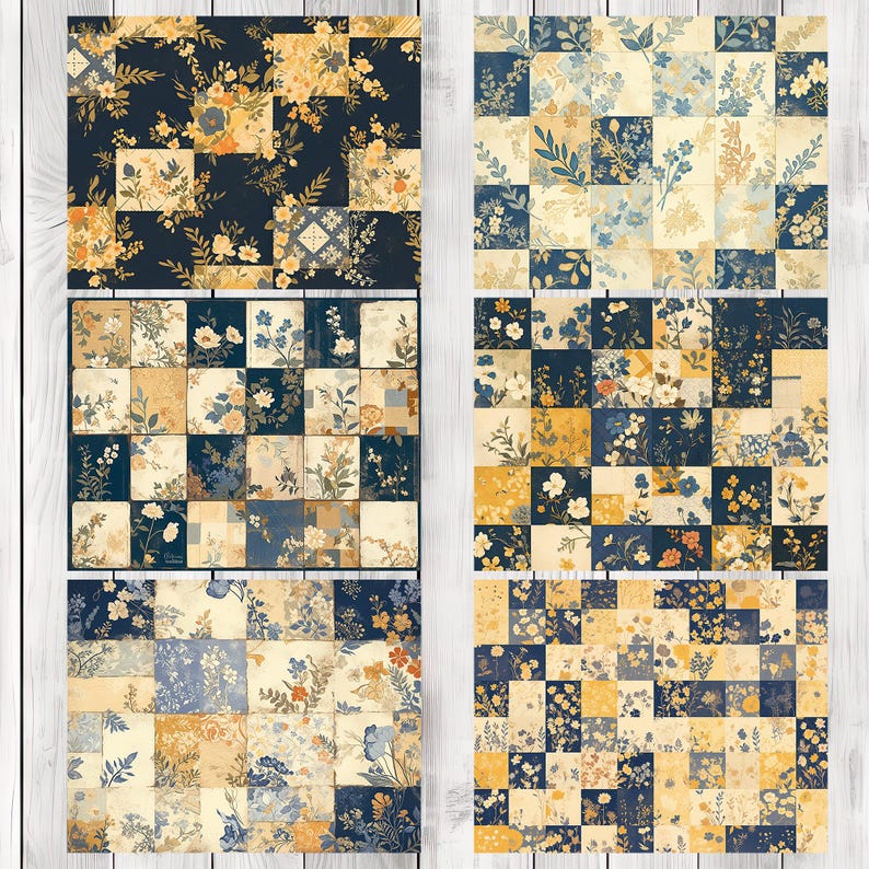 Indigo Mustard Patchwork - Journal Paper Set, Junk Journal Pages, Junk Journal Paper, Printable Journal, Scrapbook Paper, Digital Paper