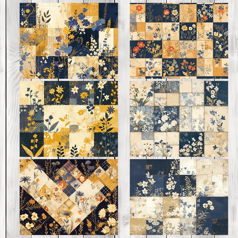 Indigo Mustard Patchwork - Journal Paper Set, Junk Journal Pages, Junk Journal Paper, Printable Journal, Scrapbook Paper, Digital Paper