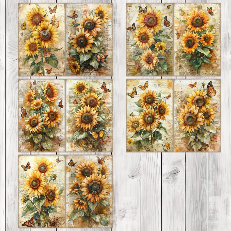 Sunflower Bouquet - Junk Journal Pages, Journal Paper Set, Flowers, Journal Paper, Printable Journal, Scrapbook Paper, Digital Paper