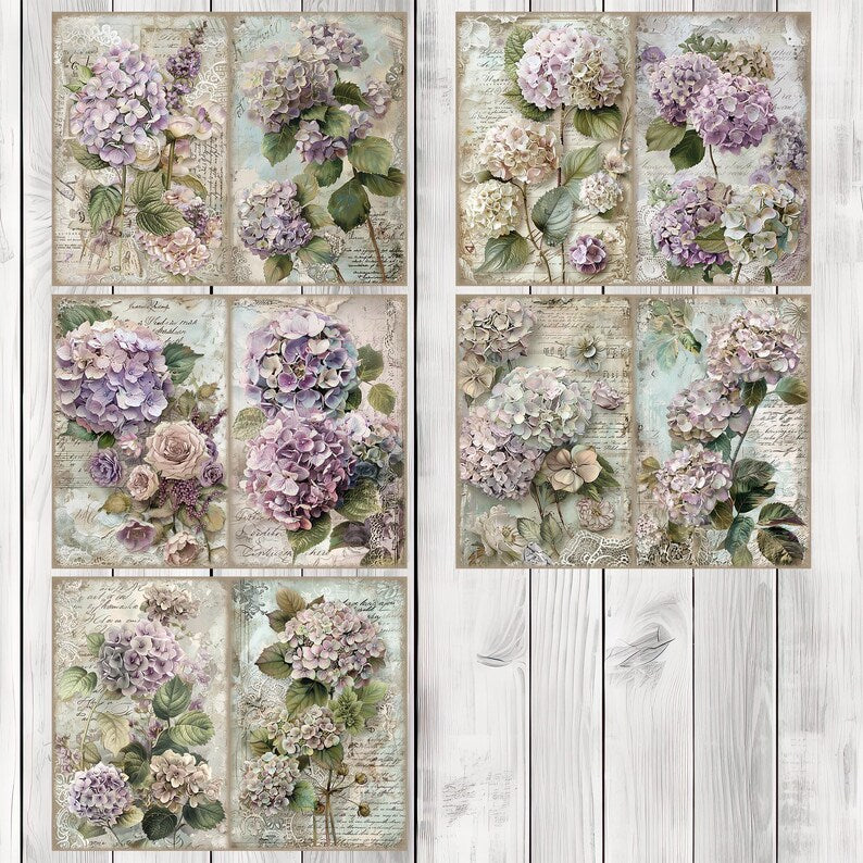 Hydrangeas and Ranunculus - Junk Journal Pages, Journal Paper Set, Flowers, Printable Journal, Scrapbook Paper, Digital Paper