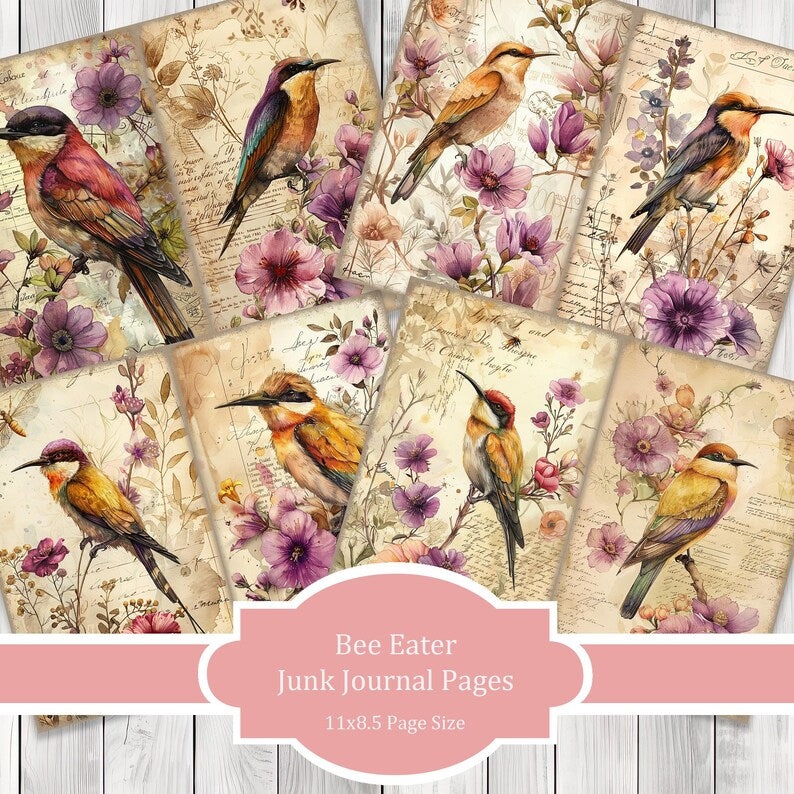 Bee Eater - Journal Paper Set, Junk Journal Pages, Flower Junk Journal Paper, Printable Journal, Scrapbook Paper, Digital Paper