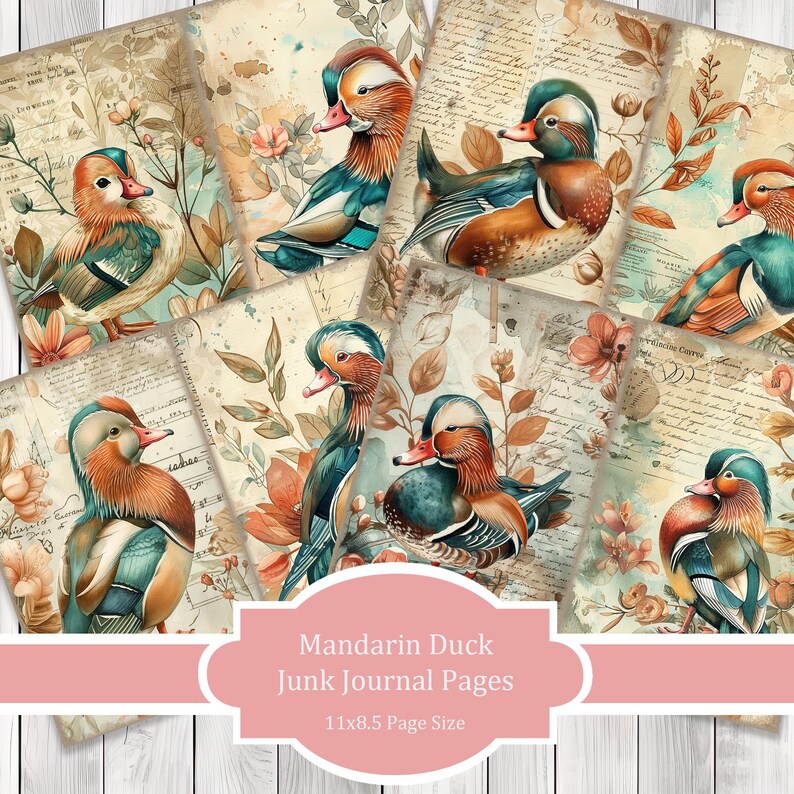 Mandarin Duck - Journal Paper Set, Junk Journal Pages, Flower Junk Journal Paper, Printable Journal, Scrapbook Paper, Digital Paper