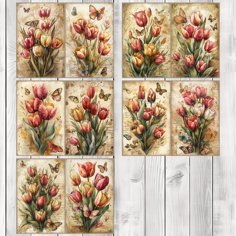 Tulip Bouquet - Junk Journal Pages, Journal Paper Set, Flowers, Journal Paper, Printable Journal, Scrapbook Paper, Digital Paper