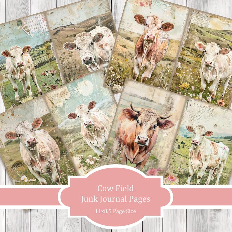 Cow Field - Junk Journal Pages, Journal Paper Set, Dog, Journal Paper, Printable Journal, Scrapbook Paper, Digital Paper