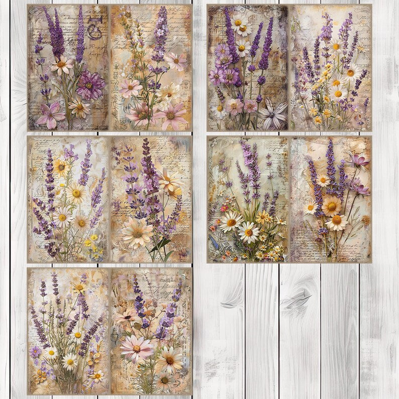 Lavender and Daisy - Journal Paper Set, Junk Journal Pages, Flower Junk Journal Paper, Printable Journal, Scrapbook Paper, Digital Paper