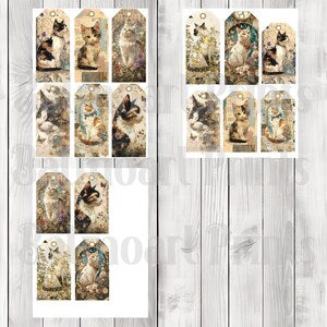 Vintage Cat Tags - Ephemera Labels - Junk Journal Images Clip Art - Fussy Cut - Scrapbook Tags