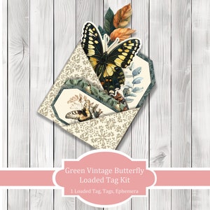 Vintage Green Butterfly Loaded Tag Kit - Loaded Tags | Ephemera Labels | Paper Craft | Junk Journal Images Clip Art | Fussy Cut