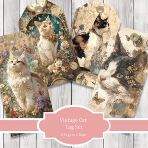 Vintage Cat Tags - Ephemera Labels - Junk Journal Images Clip Art - Fussy Cut - Scrapbook Tags