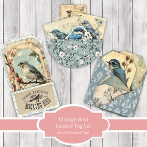 Vintage Bird Loaded Tag Set - Blue - Loaded Tags | Ephemera Labels | Paper Craft | Junk Journal Images Clip Art | Fussy Cut