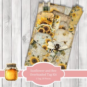 Sunflower and Bee Overloaded Tag Kit - Botanical - Loaded Tags | Ephemera Labels | Paper Craft | Junk Journal Images Clip Art | Fussy Cut