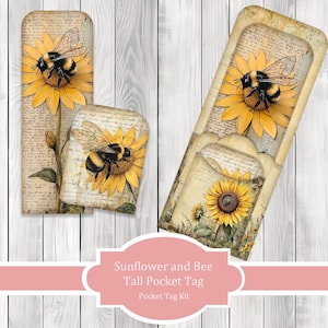 Sunflower and Bee Tall Pocket Tag Kit - Botanical - Loaded Tags | Ephemera Labels | Paper Craft | Junk Journal Images Clip Art | Fussy Cut
