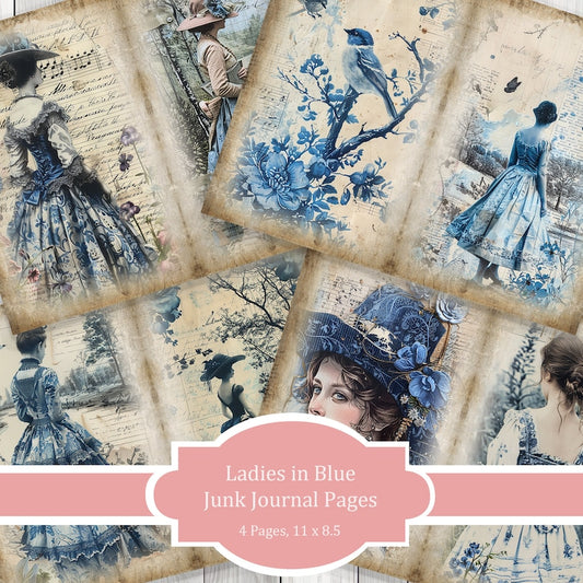 Women in Blue Journal Paper Set, Junk Journal Pages, Flower Junk Journal Paper, Printable Journal, Scrapbook Paper, Digital Paper