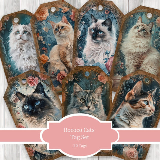 Rococo Cat Digital Download | Collage Scrapbook | Rococo Cat Tags | Ephemera Labels | Paper Craft | Junk Journal Images Clip Art | Fussy Cut