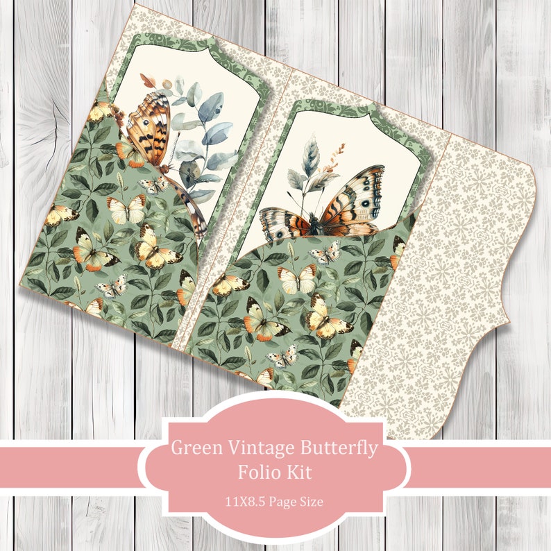 Green Vintage Butterfly Folio Kit - Journal Paper Set, Junk Journal Folio, Printable Journal, Scrapbook Paper, Vintage Butterfly