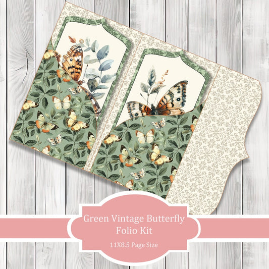 Green Vintage Butterfly Folio Kit - Journal Paper Set, Junk Journal Folio, Printable Journal, Scrapbook Paper, Vintage Butterfly