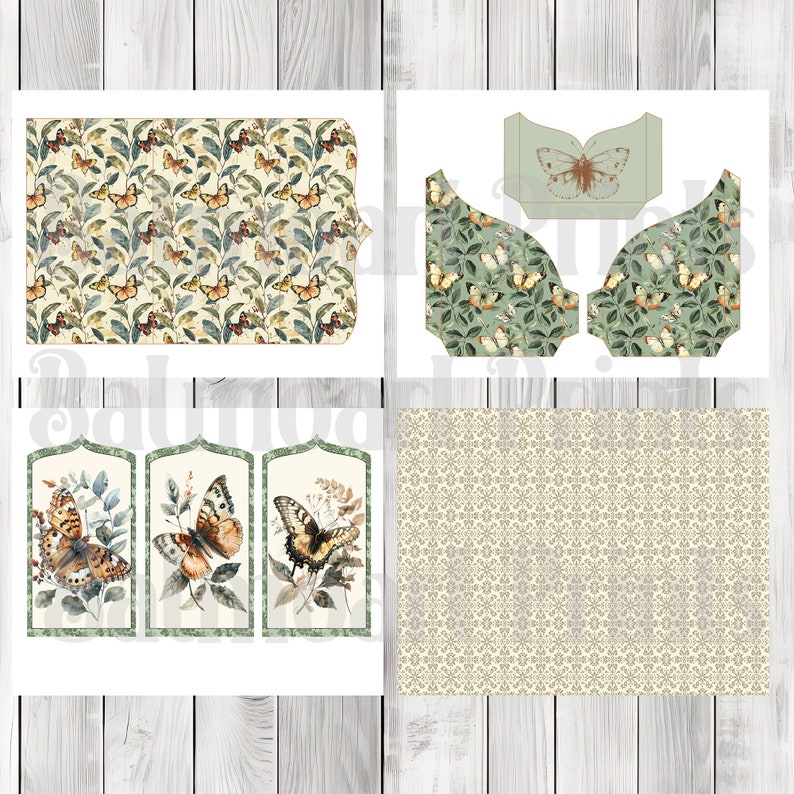 Green Vintage Butterfly Folio Kit - Journal Paper Set, Junk Journal Folio, Printable Journal, Scrapbook Paper, Vintage Butterfly