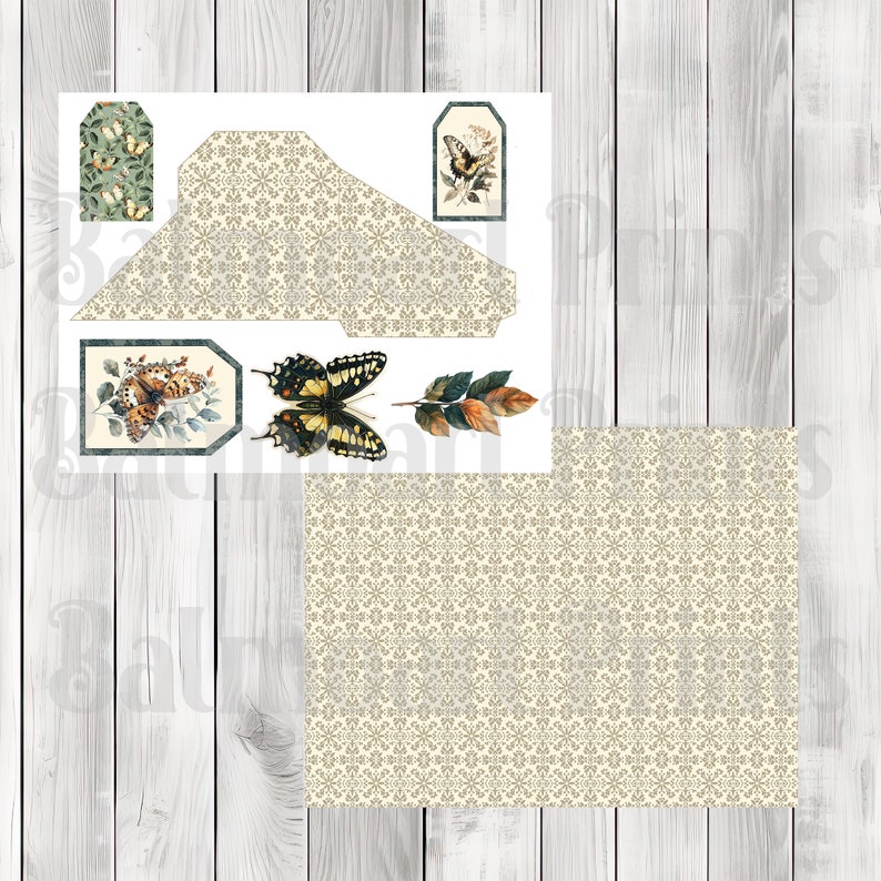 Vintage Green Butterfly Loaded Tag Kit - Loaded Tags | Ephemera Labels | Paper Craft | Junk Journal Images Clip Art | Fussy Cut