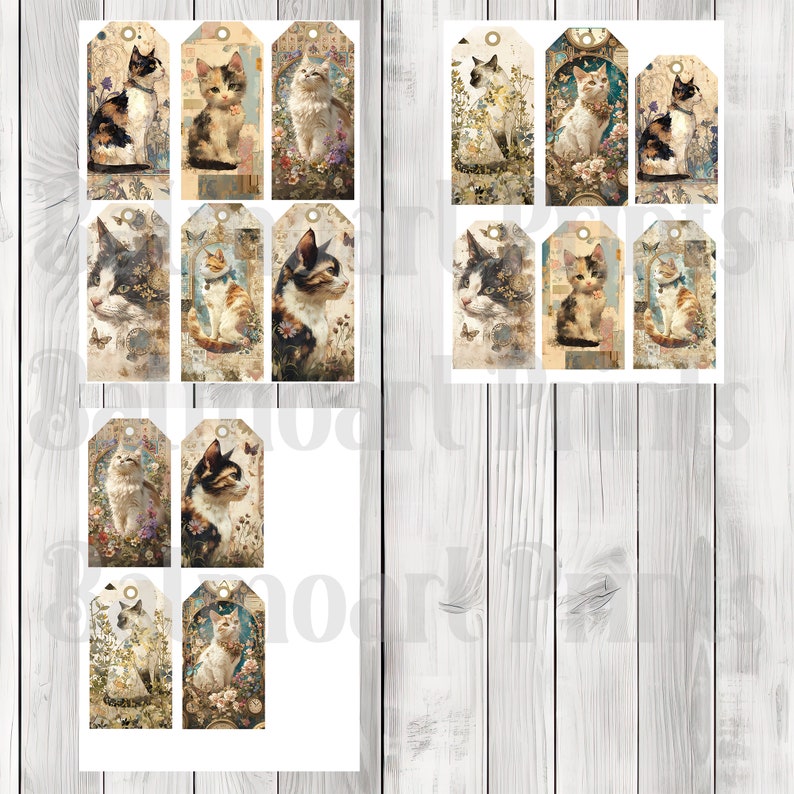 Vintage Cat Tags - Ephemera Labels - Junk Journal Images Clip Art - Fussy Cut - Scrapbook Tags