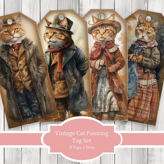 Vintage Cat Painting Tag Set- Junk Journal , Printable Journal, Junk Journal Tags, Junk Journal Ephemera