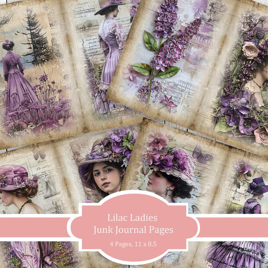 Lilac Ladies Journal Paper Set, Junk Journal Pages, Flower Junk Journal Paper, Printable Journal, Scrapbook Paper, Digital Paper
