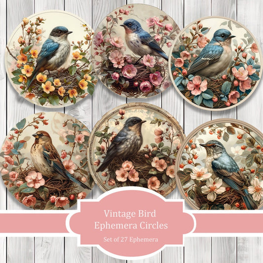 Vintage Bird Circle Ephemera - Ephemera Labels - Junk Journal Images Clip Art - Fussy Cut - Scrapbook Tags
