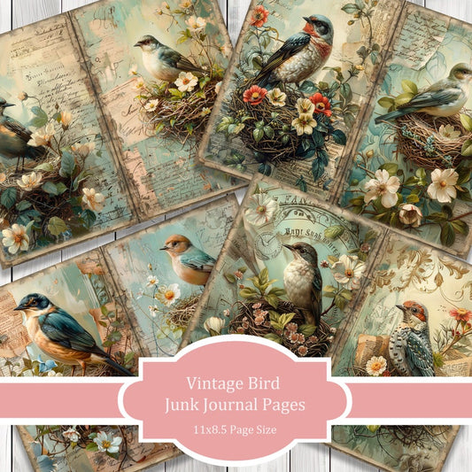 Vintage Nesting Birds - Journal Paper Set, Junk Journal Pages, Flower Junk Journal Paper, Printable Journal, Scrapbook Paper, Digital Paper