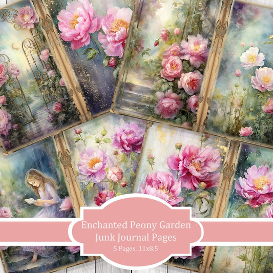 Enchanted Peony Garden - Journal Paper Set, Junk Journal Pages, Junk Journal Paper, Printable Journal, Scrapbook Paper, Digital Paper