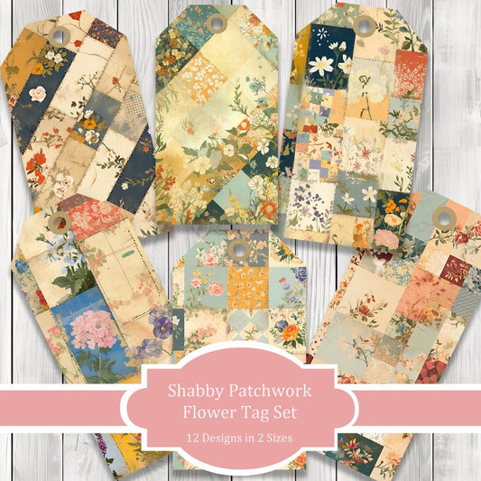 Shabby Floral Patchwork Tag Set - Collage Scrapbook - Patchwork Tags - Ephemera Labels - Junk Journal Images Clip Art - Fussy Cut