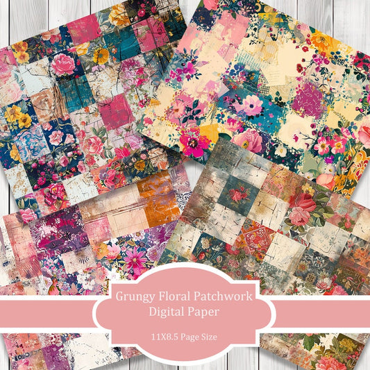 Grungy Floral Patchwork - Journal Paper Set, Junk Journal Pages, Junk Journal Paper, Printable Journal, Scrapbook Paper, Digital Paper