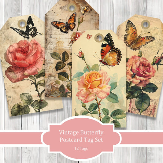 Vintage Butterfly Postcard Tags - Collage Scrapbook - Patchwork Tags - Ephemera Labels - Junk Journal Images Clip Art - Fussy Cut