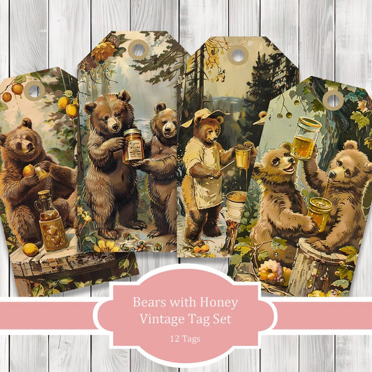 Bears with Honey Vintage Tags - Collage Scrapbook - Patchwork Tags - Ephemera Labels - Junk Journal Images Clip Art - Fussy Cut