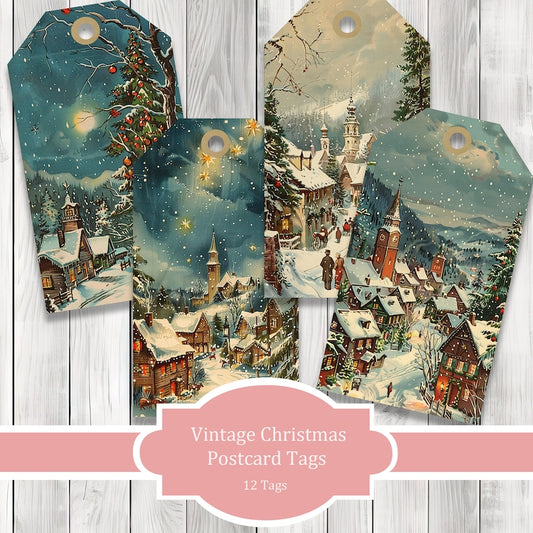 Vintage Christmas Postcard Tags - Collage Scrapbook - Patchwork Tags - Ephemera Labels - Junk Journal Images Clip Art - Fussy Cut