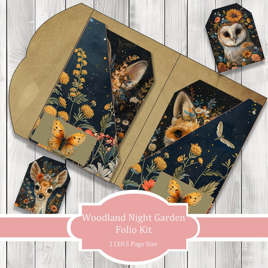 Woodland Night Garden Folio Kit - Journal Paper Set, Junk Journal Folio, Printable Journal, Scrapbook Paper, Woodland Animals, Floral