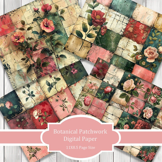 Botanical Patchwork - Journal Paper Set, Junk Journal Pages, Junk Journal Paper, Printable Journal, Scrapbook Paper, Digital Paper