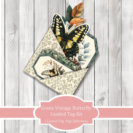 Vintage Green Butterfly Loaded Tag Kit - Loaded Tags | Ephemera Labels | Paper Craft | Junk Journal Images Clip Art | Fussy Cut