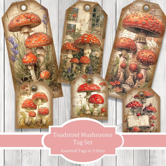 Toadstool Tags - Mushroom Tags - Ephemera Labels - Junk Journal Images Clip Art - Fussy Cut - Scrapbook Tags