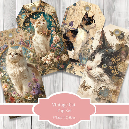 Vintage Cat Tags - Ephemera Labels - Junk Journal Images Clip Art - Fussy Cut - Scrapbook Tags