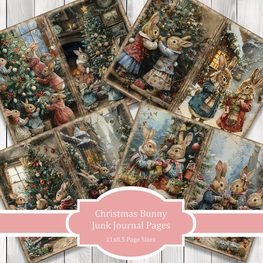 Christmas Bunnies - Journal Paper Set, Junk Journal Pages, Flower Junk Journal Paper, Printable Journal, Scrapbook Paper, Digital Paper