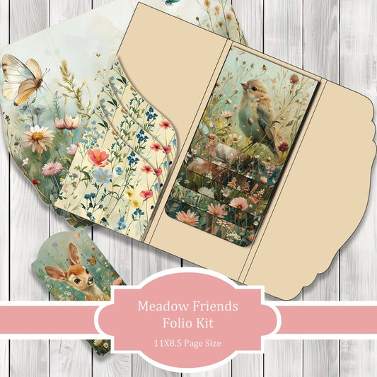 Meadow Friends Folio Kit - Journal Paper Set, Junk Journal Folio, Printable Journal, Scrapbook Paper, Woodland Animals, Floral