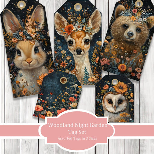 Woodland Night Garden Journal Tags - Collage Scrapbook - Forest Animal Tags - Ephemera Labels - Junk Journal Images - Clip Art