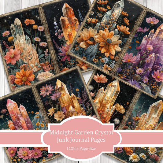 Midnight Garden Crystal - Journal Paper Set, Junk Journal Pages, Flower Junk Journal Paper, Printable, Scrapbook Paper, Digital Paper