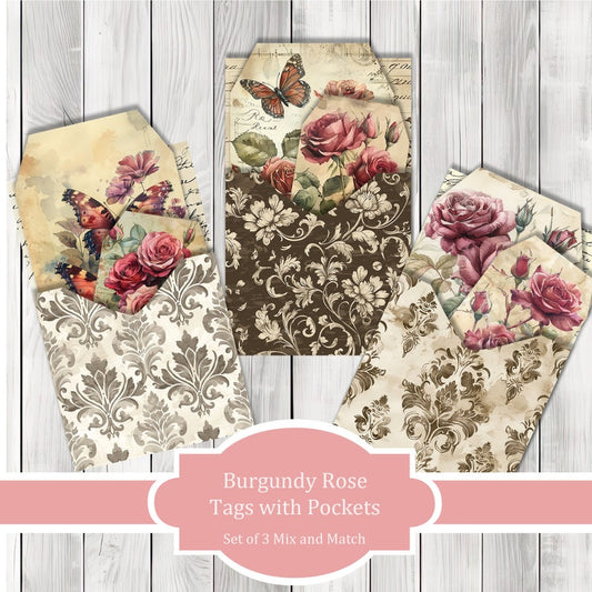 Brown and Burgundy Rose Tags with Pockets , Journal Pages, Pocket, Ephemera, Tags, Printable, Scrapbook Kit, Digital Download