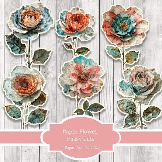 Paper Flower Fussy Cuts - Junk Journal , Printable Journal, Junk Journal Tags, Junk Journal Ephemera