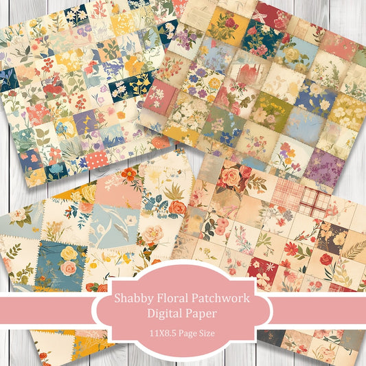 Shabby Floral Patchwork - Journal Paper Set, Junk Journal Pages, Junk Journal Paper, Printable Journal, Scrapbook Paper, Digital Paper