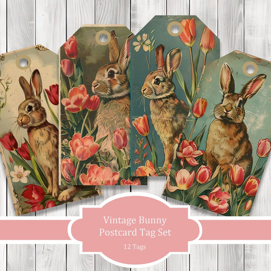 Vintage Bunny Postcard Tags - Collage Scrapbook - Patchwork Tags - Ephemera Labels - Junk Journal Images Clip Art - Fussy Cut