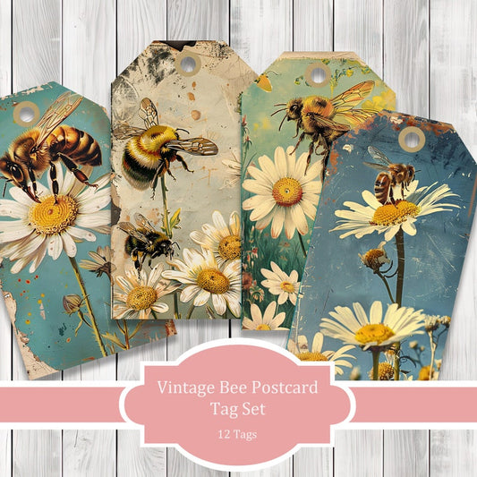 Vintage Bee Postcard Tags - Collage Scrapbook - Patchwork Tags - Ephemera Labels - Junk Journal Images Clip Art - Fussy Cut