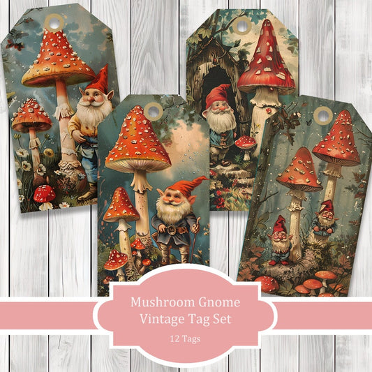 Mushrooms and Gnomes Vintage Tags - Collage Scrapbook - Patchwork Tags - Ephemera Labels - Junk Journal Images Clip Art - Fussy Cut