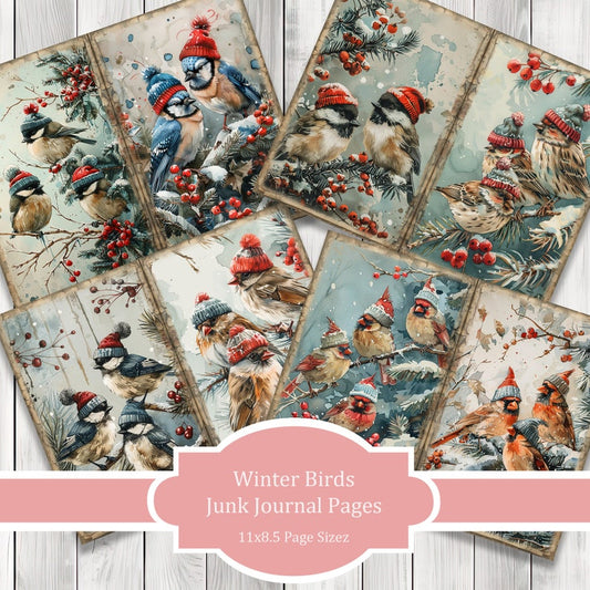 Christmas Birds - Journal Paper Set, Junk Journal Pages, Flower Junk Journal Paper, Printable Journal, Scrapbook Paper, Digital Paper