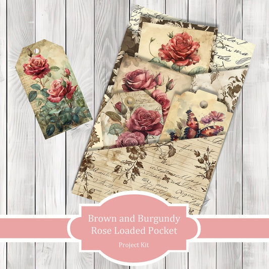 Brown and Burgundy Rose Loaded Pocket Kit , Journal Pages, Pocket, Ephemera, Tags, Printable, Scrapbook Kit, Digital Download
